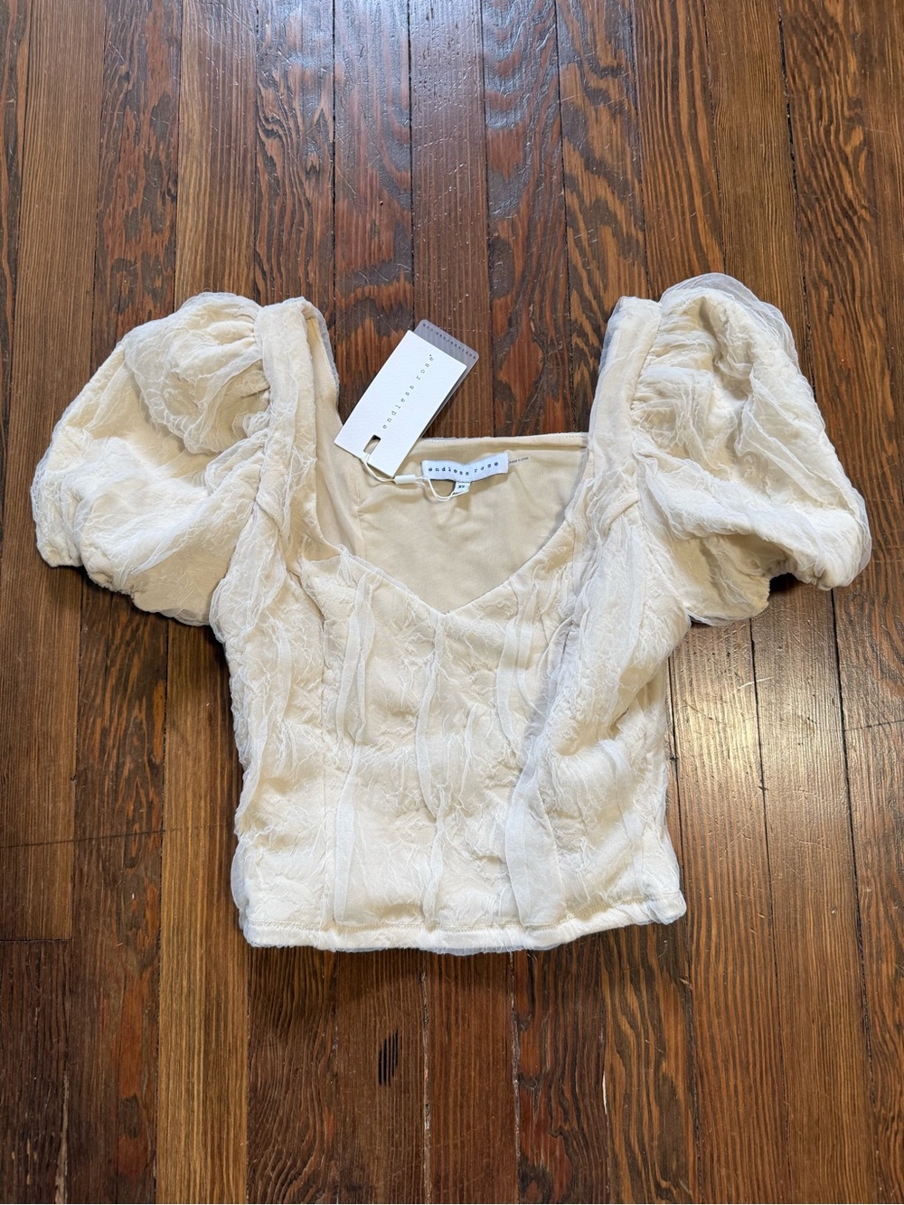 Endless Rose Cream Textured Puff Sleeve Stretch Top